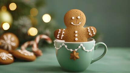 Christmas gingerbread man in cup of cocoa on green background