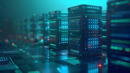 Poster - High-tech data center with glowing servers and advanced computing infrastructure, illustrating modern technology and network services.