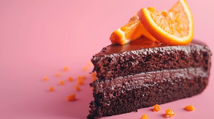 Wall Mural - close up shot of chocolate and orange cake overpink background