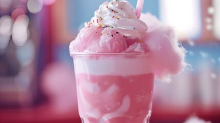 Wall Mural - Closeup glass of iced bubble gum with soda and topped with cotton candy served with whipped cream