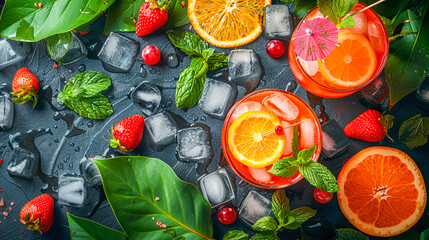 Wall Mural - Two refreshing summer cocktails surrounded by fresh ingredients