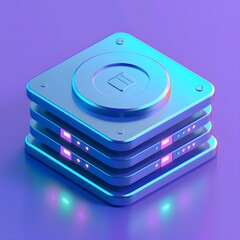 Poster - Modern technology server with glowing LED lights in a futuristic design on a vibrant purple background.