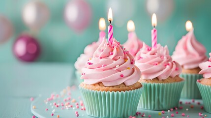 Canvas Print - Cupcakes and pink birthday cake on greenbackground