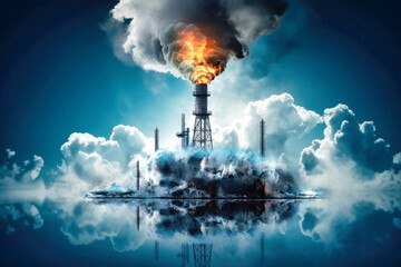 An industrial facility spews smoke and fire into the sky, creating a toxic cloud that reflects in the water below. This image symbolizes the devastating consequences of resource extraction