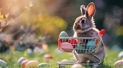 easter bunny rabbit with shopping cart and sweet colorful eggs on background