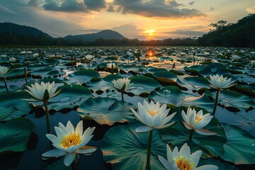 Wall Mural - Flower cultivation in the pond near the Cambodian shrine.