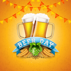 Wall Mural - International Beer Day Design with Freshly Tapped Beer in the Mug, Party Flag and Barley Ears on Vintage Yellow Background. August 4 Vector Cheers Celebration Holiday Illustration with Text Label for