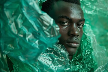 Man in Green Plastic Wrap with Reflective Expression