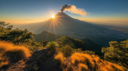 Wall Mural - Sun shining behind popocatepetl volcano erupting  in mexico