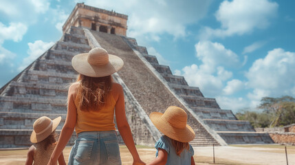 family admiring chichen itza mayan pyramid on sunny day