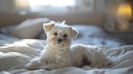 Wall Mural - Fluffy maltese dog lying on bed in bedroom in the morning