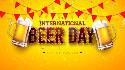 Wall Mural - International Beer Day Design with Freshly Tapped Beer in the Mug, Party Flag and Light Bulb Lettering on Yellow Background. August 4 Vector Cheers Celebration Holiday Illustration for Banner