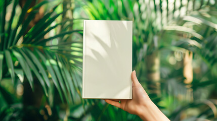 Woman hand holding empty white mockup of paperback book template on tropical trees background