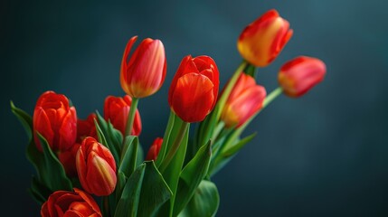 Poster - Vivid tulips against dark backdrop Bouquet of new tulips postcard idea with room for text