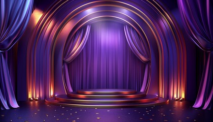 Ornate stage with purple curtains and golden arches