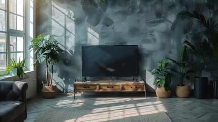 Wall Mural - Modern living room with a TV, plants and a grey wall