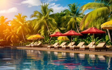 Serene Tropical Poolside Retreat with Lounge Chairs and Umbrellas