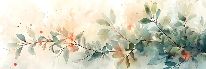 Wall Mural - Watercolor Illustration of Green Leaves and Branches with a Light Background