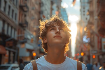  A happy young Caucasian man looking up at the sky alone in a busy city, sun shining 