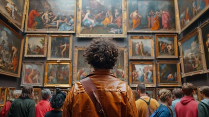  Back of an adult person looking at renaissance style paintings in an old museum art gallery 