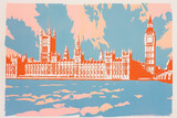 Fototapeta Londyn - Risograph riso print travel poster, card, wallpaper or banner illustration, modern, isolated, clear and simple of Houses of Parliament, London, England. Artistic, screen printing, graphic design