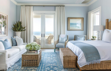 A coastal style bedroom with light blue and white accents, featuring an ocean view balcony. The room includes a king-sized bed in the center of it all, flanked by two chairs on each side