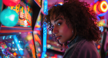 Canvas Print - A girl plays pinball in an arcade, a photo for the cover of an urban magazine. The background is a casino with neon lights and slot machines.