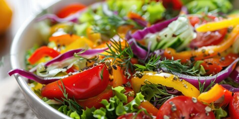 Wall Mural - A salad with cherry tomatoes, cucumbers, onions, and greens in a glass bowl, representing fresh and healthy eating AIG62