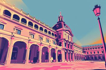 Risograph riso print travel poster, card, wallpaper or banner illustration, modern, isolated, clear and simple of Plaza Mayor, Madrid, Spain. Artistic, screen printing, graphic design