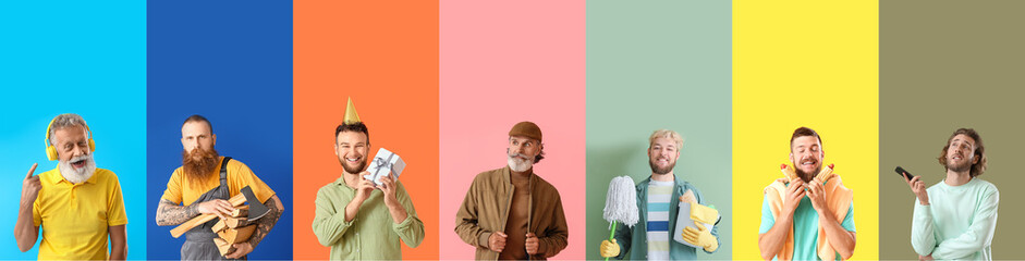 Wall Mural - Collection of bearded men on color background