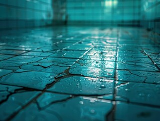 Poster - Cracked tiles on the floor of an abandoned swimming pool. AI.