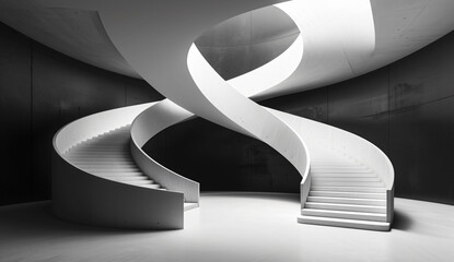 Poster - Abstract black and white architectural background with a spiral staircase, 3D rendering illustration of geometric shapes. Minimalist modern design for an interior wallpaper, cover or poster. 