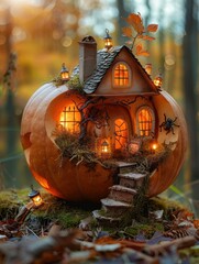 Canvas Print - A pumpkin house with a Halloween theme. AI.