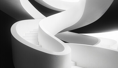 Fototapete - Abstract black and white architectural background with a spiral staircase, 3D rendering illustration of geometric shapes. Minimalist modern design for an interior wallpaper, cover or poster. 