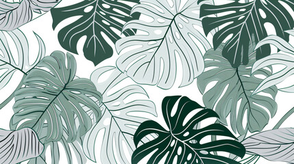 Poster - Abstract vector line art drawing of monstera leaves on a white background, using a green and gray color palette in the style of a seamless pattern design.