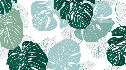 Poster - Abstract vector line art drawing of monstera leaves on a white background, using a green and gray color palette in the style of a seamless pattern design.