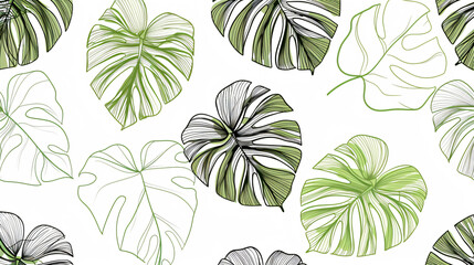 Poster - Abstract vector line art drawing of monstera leaves on a white background, using a green and gray color palette in the style of a seamless pattern design.