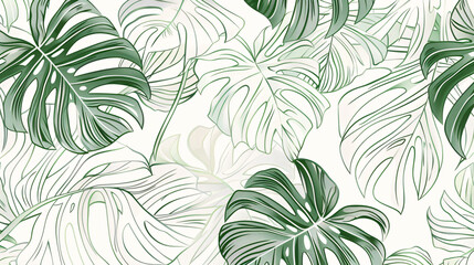 Poster - Abstract vector line art drawing of monstera leaves on a white background, using a green and gray color palette in the style of a seamless pattern design.