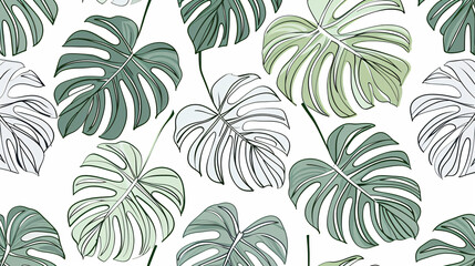 Poster - Abstract vector line art drawing of monstera leaves on a white background, using a green and gray color palette in the style of a seamless pattern design.