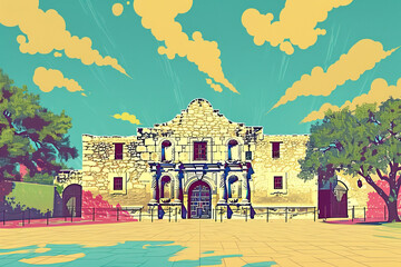 Risograph riso print travel poster, card, wallpaper or banner illustration, modern, isolated, clear and simple of The Alamo, San Antonio, USA. Artistic, screen printing, graphic design