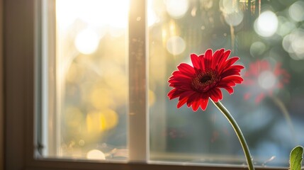 Sticker - Red flower with sunlit blurred background outside the window