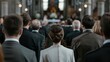 © Steveandfriend - A solemn gathering of people dressed formally in a traditional church setting, focusing on a woman with a braided hairstyle.