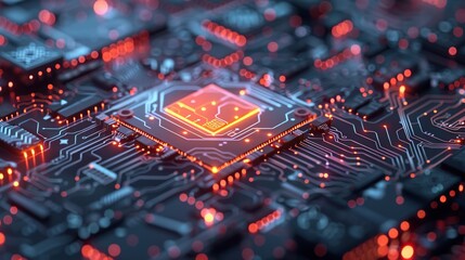 Poster - Glowing Microchip on Circuit Board with Red and Blue Lights