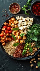 Wall Mural - Plate of food with tofu, beans, peas, and tomatoes, nutritionist concept, Food background