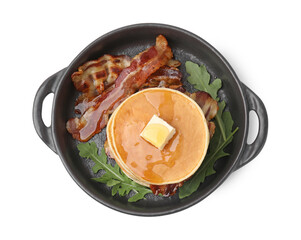 Wall Mural - Tasty pancakes with butter, fried bacon and fresh arugula isolated on white, top view