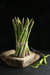 Fresh green asparagus stems, thread and knife on gray textured table against black background