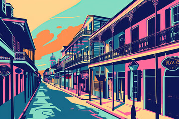 Wall Mural - Risograph riso print travel poster, card, wallpaper or banner illustration, modern, isolated, clear and simple of Bourbon Street, New Orleans, USA. Artistic, screen printing, stencil