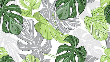 Poster - Abstract vector line art drawing of monstera leaves on a white background, using a green and gray color palette in the style of a seamless pattern design.