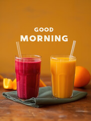 Sticker - Zwei Gläser Smoothie, eines rot und das andere gelb,  Text „Good Morning“