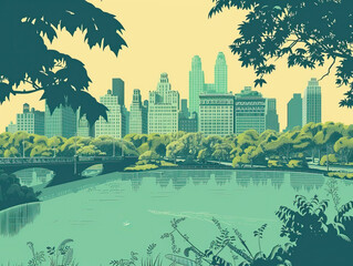 Wall Mural - Risograph riso print travel poster, card, wallpaper or banner illustration, modern, isolated, clear and simple of Central Park, New York City, USA. Artistic, screen printing, retro, vintage